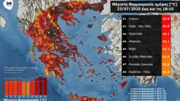 Highest temperature in Greece on Wed approached 43C; 78 stations register above 40C