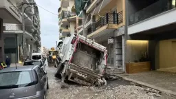 Garbage truck trapped after road collapse in İskeçe