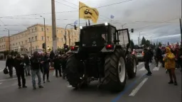 Farmers' tractors leaving Syntagma on Saturday after protest on Friday afternoon