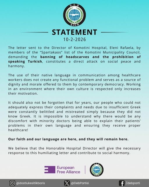 Friendship, Equality and Peace Party condemns Spartakos call to ban Turkish language and headscarves at Gümülcine Hospital