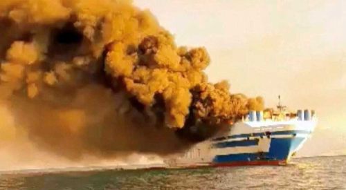 Stranded truck drivers pulled from burning ferry 