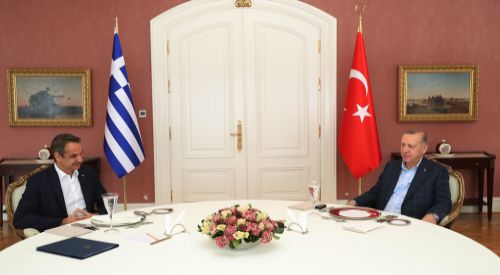 Greek PM Mitsotakis at luncheon with Turkish President Erdogan in Istanbul
